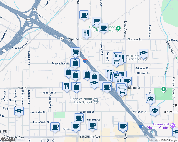 map of restaurants, bars, coffee shops, grocery stores, and more near 3024 Carl Street in Riverside