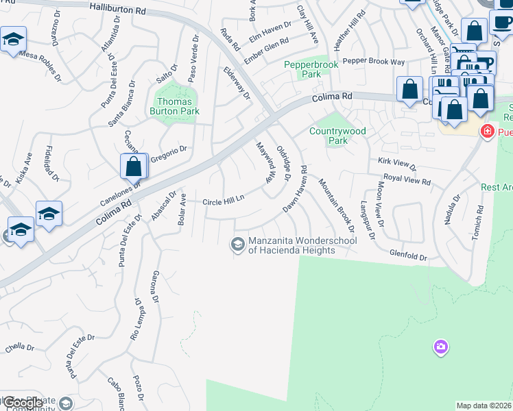 map of restaurants, bars, coffee shops, grocery stores, and more near 16647 Echo Hill Way in Hacienda Heights
