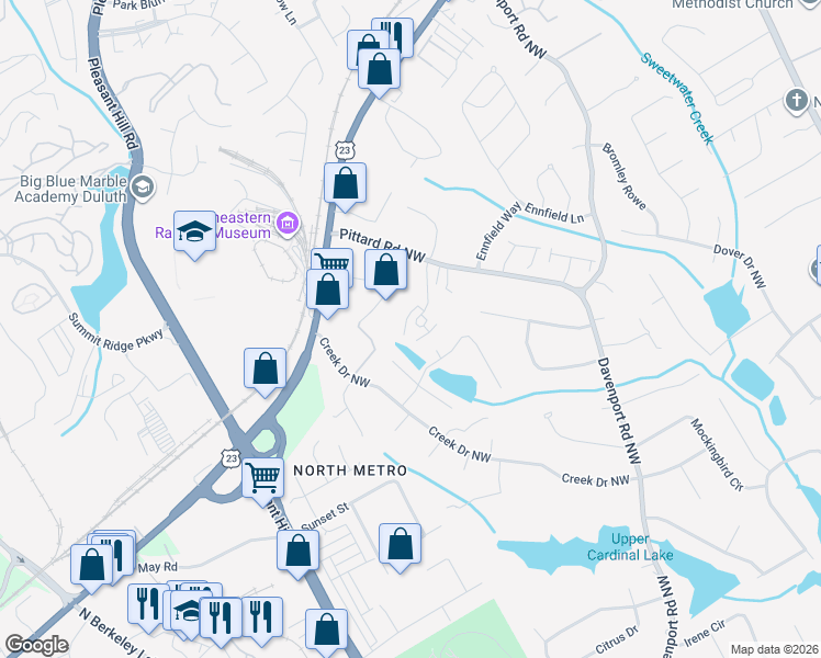 map of restaurants, bars, coffee shops, grocery stores, and more near 3114 Pittard Hill Point in Duluth