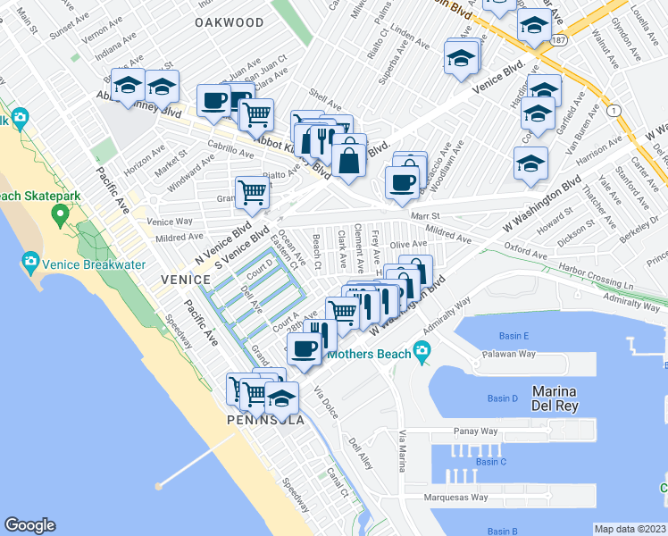 map of restaurants, bars, coffee shops, grocery stores, and more near 2424 McKinley Avenue in Los Angeles