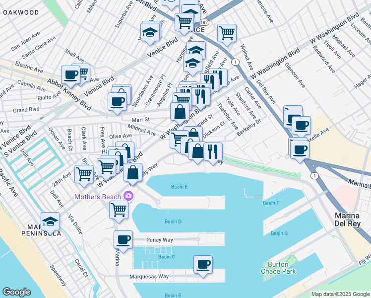 map of restaurants, bars, coffee shops, grocery stores, and more near 4201 Vía Marina in Marina del Rey