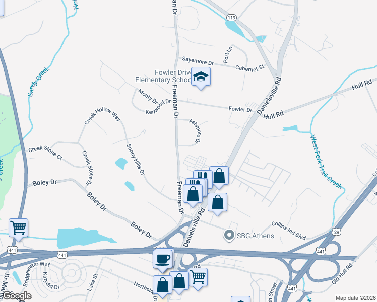 map of restaurants, bars, coffee shops, grocery stores, and more near 130 Ashmore Drive in Athens
