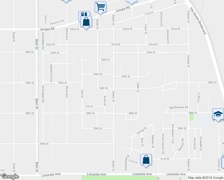 map of restaurants, bars, coffee shops, grocery stores, and more near 5609 Beach Street in Riverside