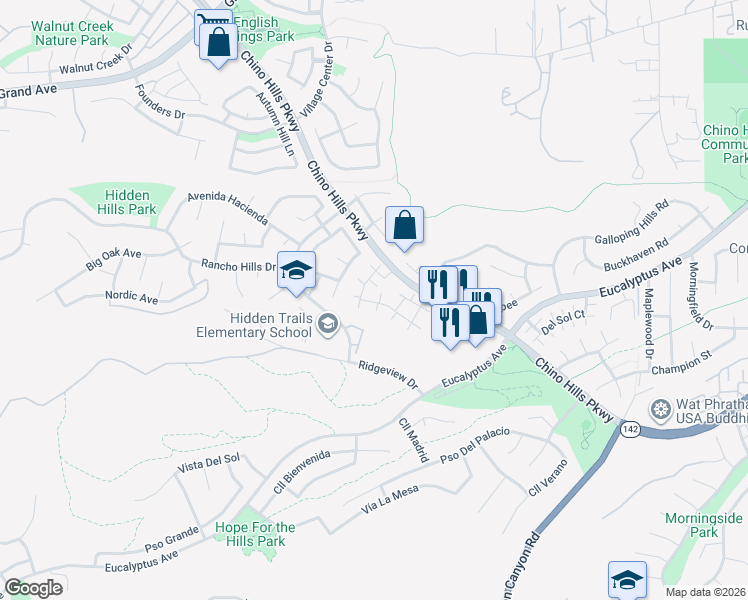 map of restaurants, bars, coffee shops, grocery stores, and more near 2440 Moon Dust Drive in Chino Hills