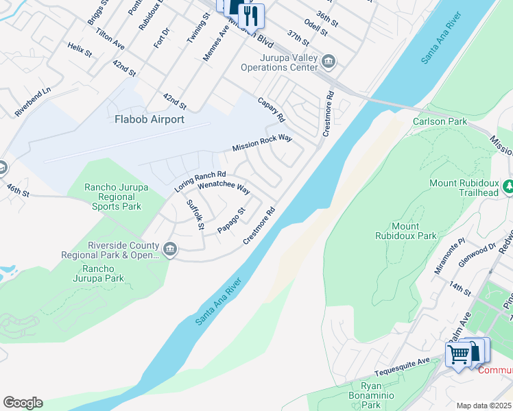 map of restaurants, bars, coffee shops, grocery stores, and more near 4202 Hidatsa Street in Riverside