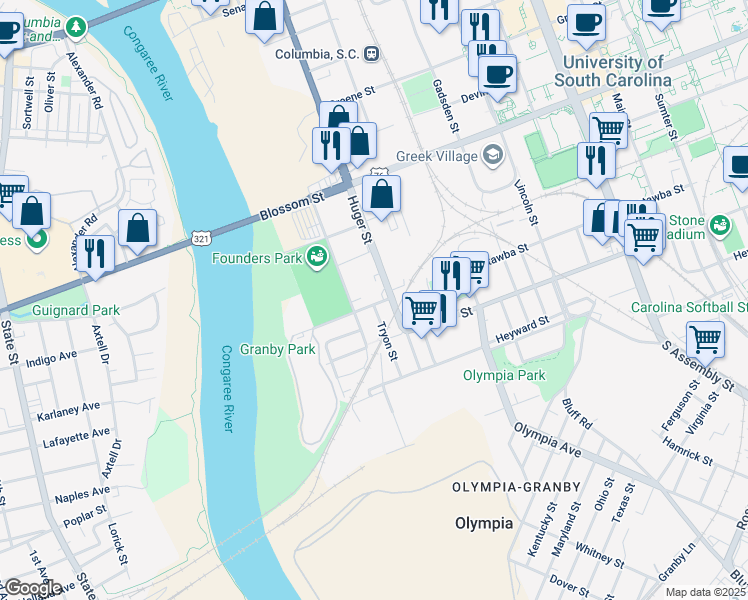 map of restaurants, bars, coffee shops, grocery stores, and more near 406 Williams Street in Columbia