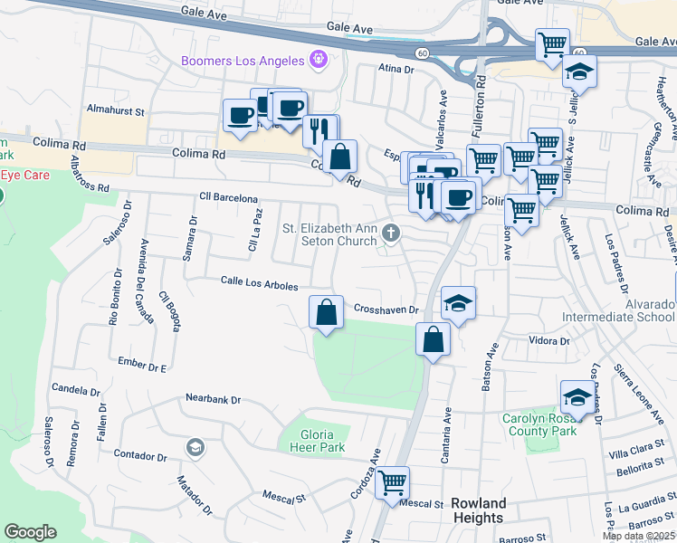 map of restaurants, bars, coffee shops, grocery stores, and more near 1882 Calle Madrid in Rowland Heights