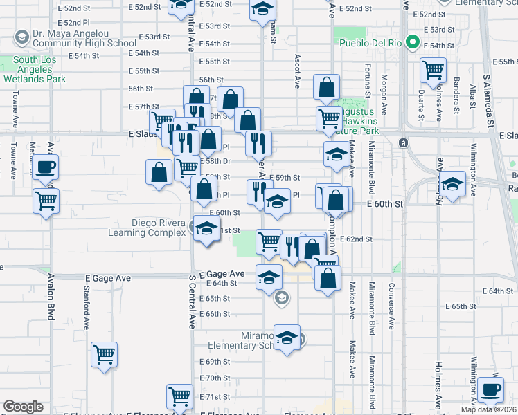 map of restaurants, bars, coffee shops, grocery stores, and more near 5957 Hooper Avenue in Los Angeles