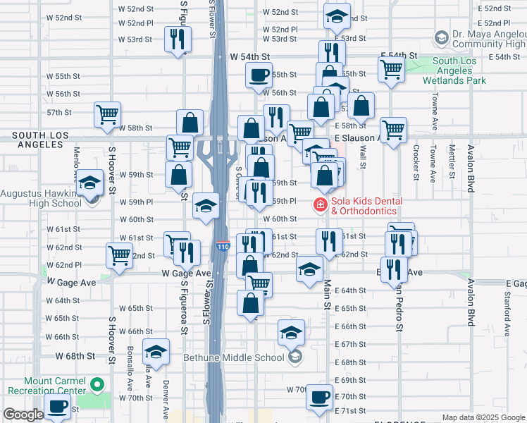 map of restaurants, bars, coffee shops, grocery stores, and more near 5966 South Broadway in Los Angeles
