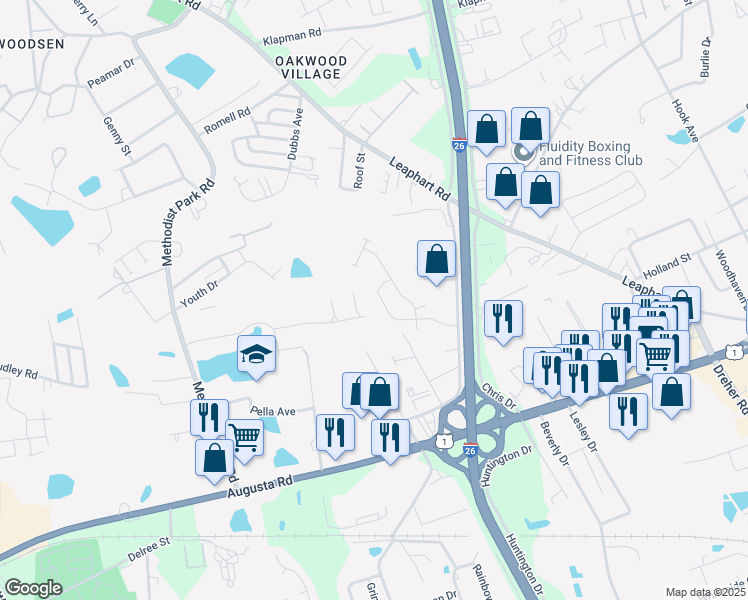 map of restaurants, bars, coffee shops, grocery stores, and more near 187 Derby Drive in West Columbia