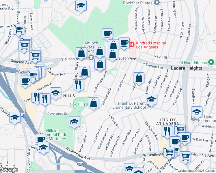 map of restaurants, bars, coffee shops, grocery stores, and more near 5625 Windsor Way in Culver City