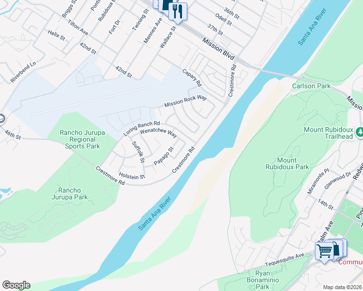 map of restaurants, bars, coffee shops, grocery stores, and more near 4202 Hidatsa Street in Riverside