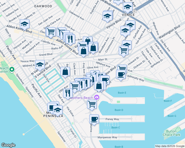 map of restaurants, bars, coffee shops, grocery stores, and more near 2433 Cloy Avenue in Los Angeles