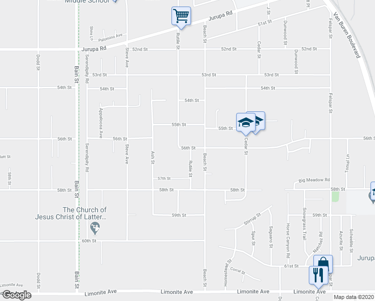 map of restaurants, bars, coffee shops, grocery stores, and more near 9772 56th Street in Riverside