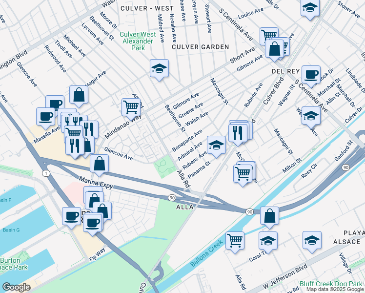 map of restaurants, bars, coffee shops, grocery stores, and more near 12926 Bonaparte Avenue in Los Angeles