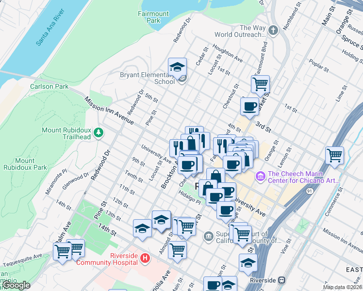 map of restaurants, bars, coffee shops, grocery stores, and more near 4121 Mission Inn Avenue in Riverside