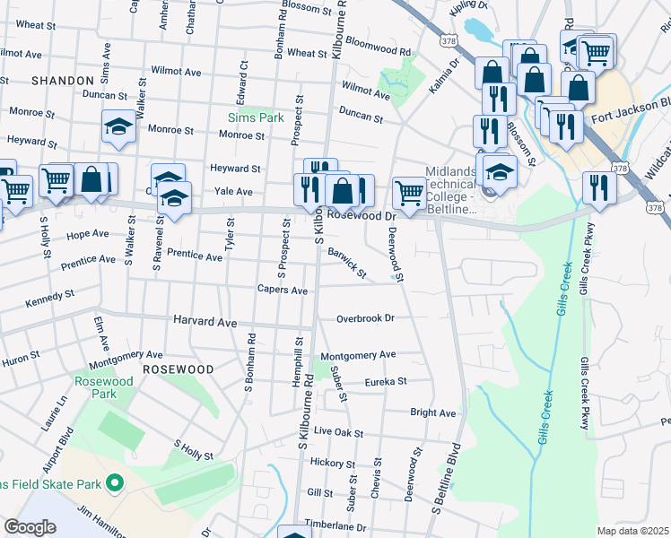 map of restaurants, bars, coffee shops, grocery stores, and more near 3806 Prentice Avenue in Columbia