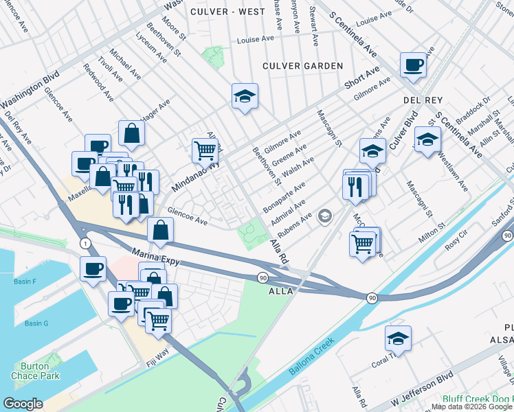 map of restaurants, bars, coffee shops, grocery stores, and more near 4626 Alla Road in Los Angeles