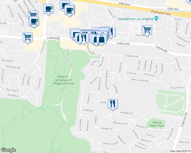 map of restaurants, bars, coffee shops, grocery stores, and more near 17579 Marengo Drive in Rowland Heights