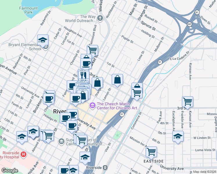 map of restaurants, bars, coffee shops, grocery stores, and more near 3492 3rd Street in Riverside