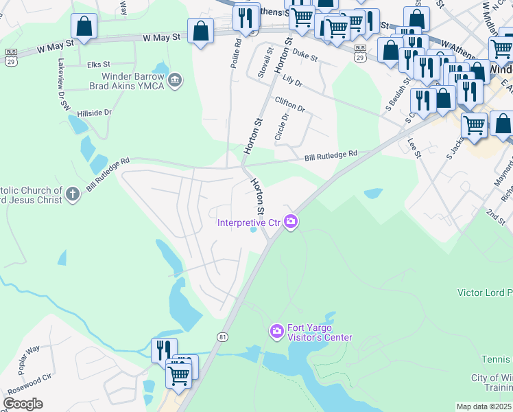 map of restaurants, bars, coffee shops, grocery stores, and more near 151 Horton Street in Winder