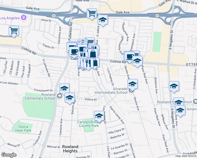 map of restaurants, bars, coffee shops, grocery stores, and more near 1817 Jellick Avenue in Rowland Heights