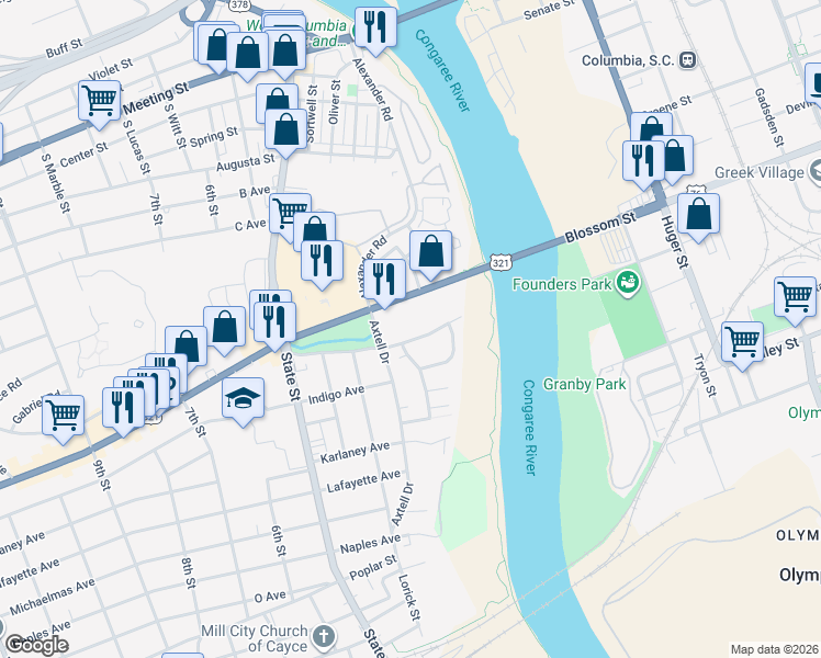 map of restaurants, bars, coffee shops, grocery stores, and more near 150 Deliesseline Road in Cayce