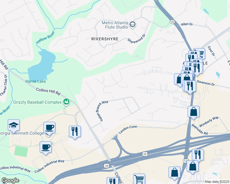 map of restaurants, bars, coffee shops, grocery stores, and more near 939 Nickel Plate Run Northeast in Lawrenceville