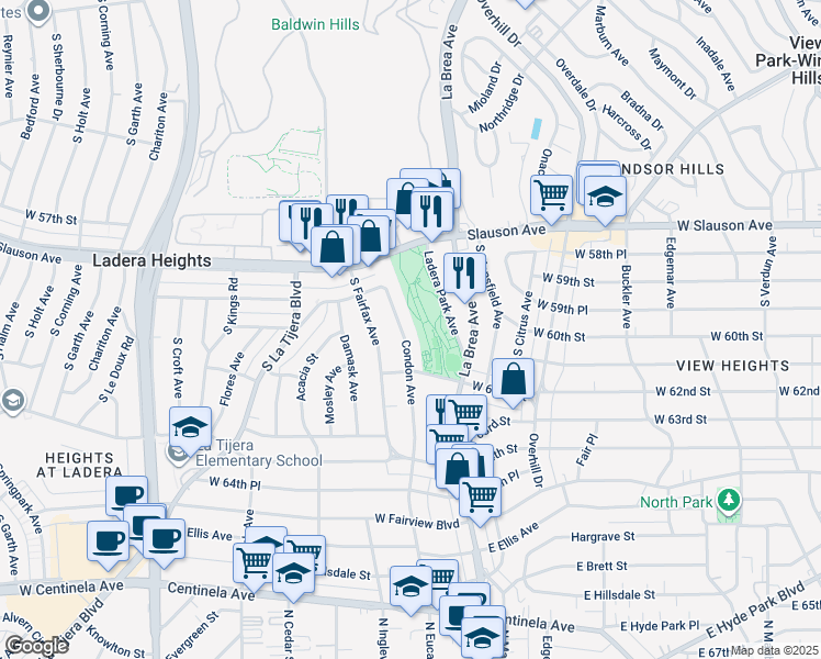 map of restaurants, bars, coffee shops, grocery stores, and more near 6022 Condon Avenue in View Park-Windsor Hills
