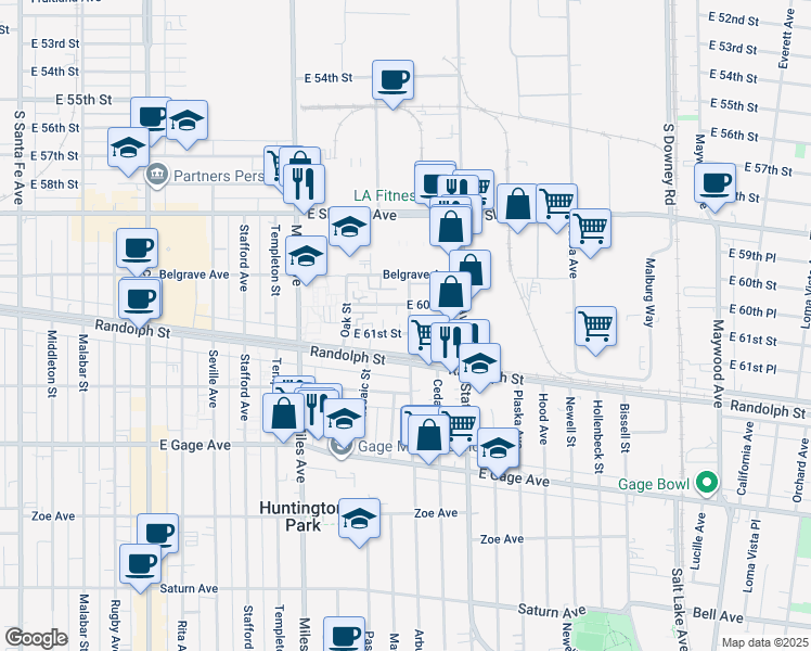 map of restaurants, bars, coffee shops, grocery stores, and more near 6075 Arbutus Avenue in Huntington Park