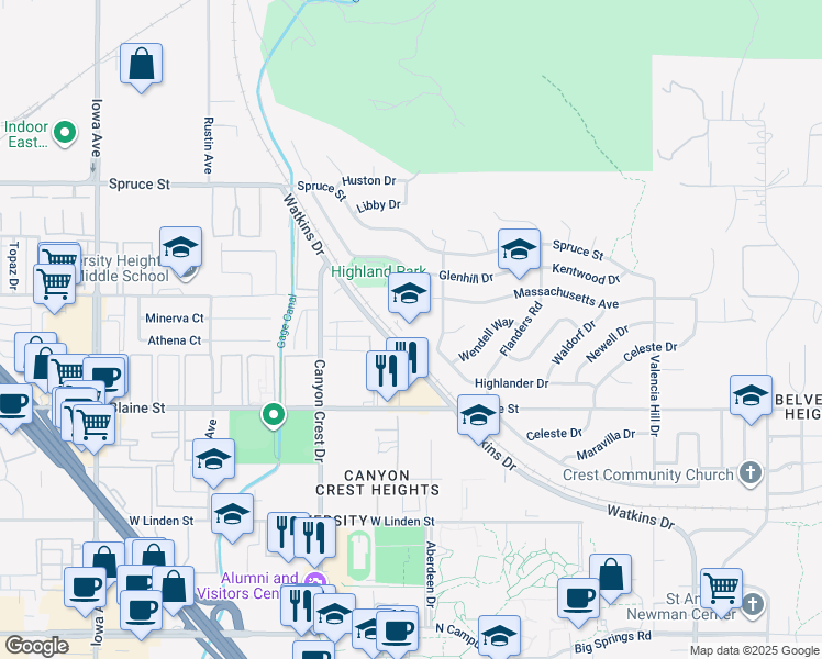 map of restaurants, bars, coffee shops, grocery stores, and more near 700 Highlander Drive in Riverside