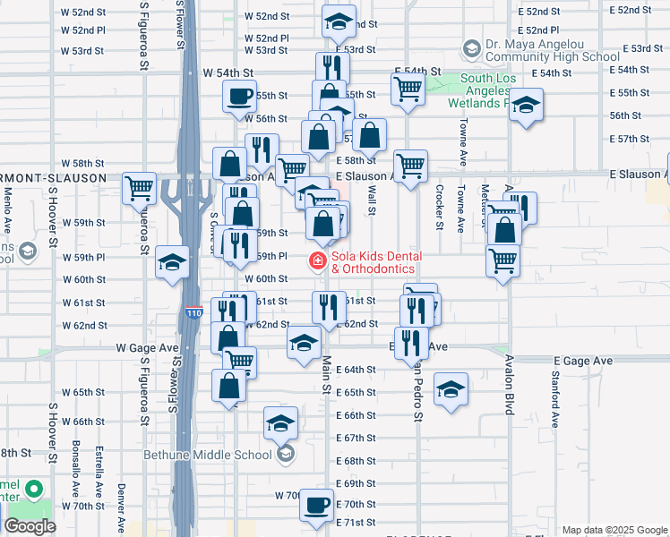 map of restaurants, bars, coffee shops, grocery stores, and more near 5962 South Main Street in Los Angeles