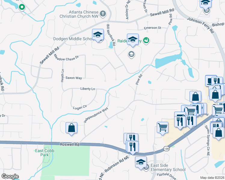 map of restaurants, bars, coffee shops, grocery stores, and more near 1433 Mulberry Court in Marietta
