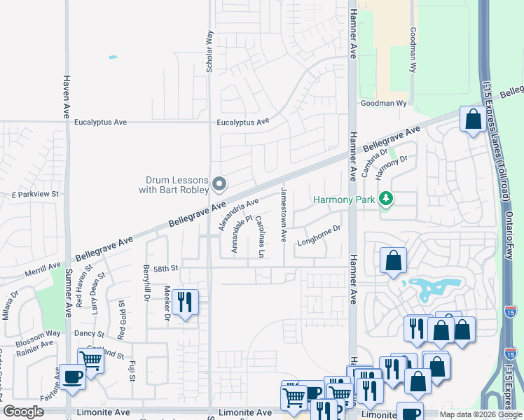 map of restaurants, bars, coffee shops, grocery stores, and more near 5577 Annandale Place in Corona