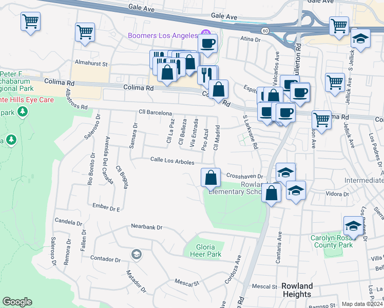 map of restaurants, bars, coffee shops, grocery stores, and more near 17960 Calle Silvosa in Rowland Heights