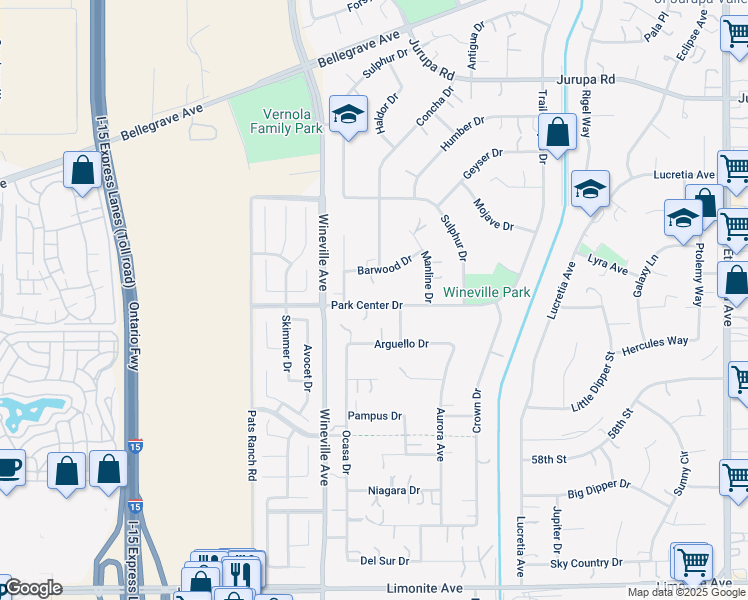 map of restaurants, bars, coffee shops, grocery stores, and more near 11707 Park Center Drive in Jurupa Valley