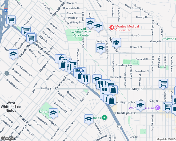 map of restaurants, bars, coffee shops, grocery stores, and more near 6225 Gretna Avenue in Whittier