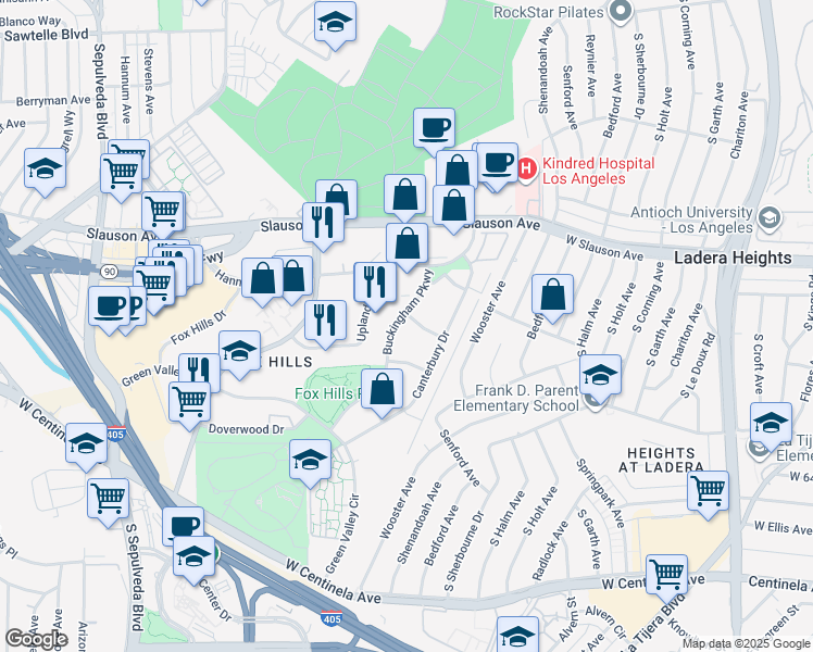 map of restaurants, bars, coffee shops, grocery stores, and more near 6000 Buckingham Parkway in Culver City