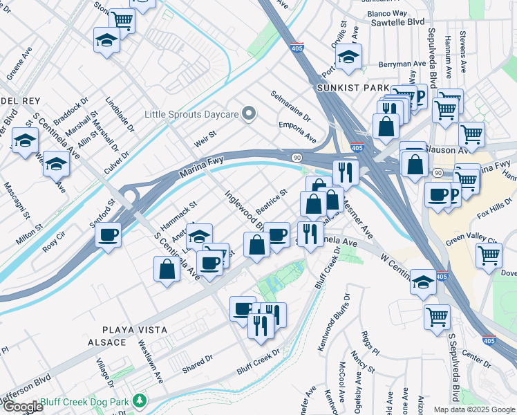 map of restaurants, bars, coffee shops, grocery stores, and more near 11947 Beatrice Street in Culver City