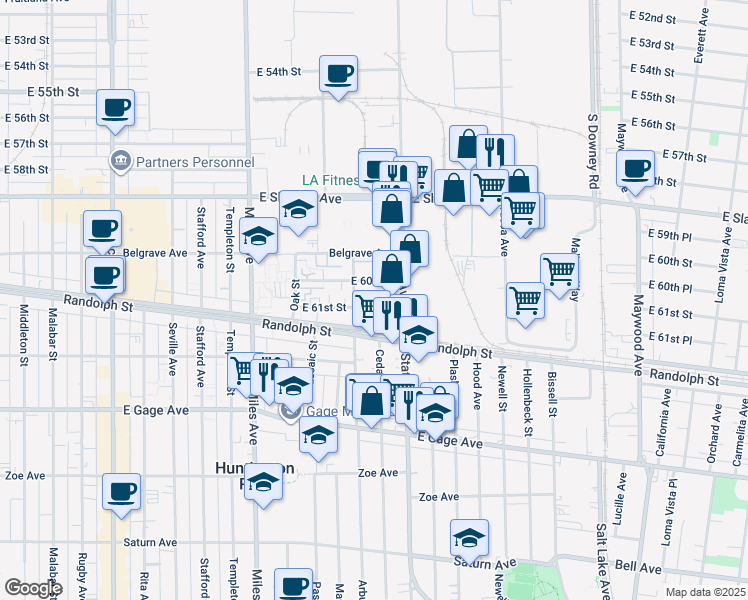 map of restaurants, bars, coffee shops, grocery stores, and more near 6100 Arbutus Avenue in Huntington Park