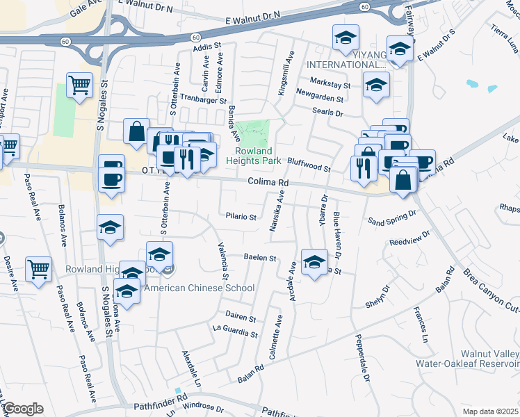 map of restaurants, bars, coffee shops, grocery stores, and more near 19330 Temre Lane in Rowland Heights
