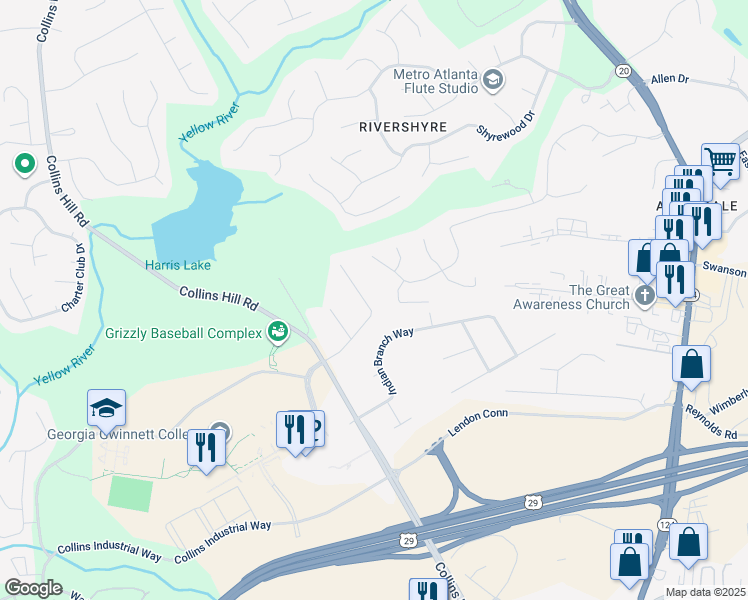 map of restaurants, bars, coffee shops, grocery stores, and more near 119 Melody Lane in Lawrenceville