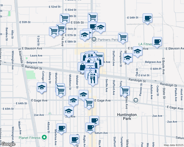 map of restaurants, bars, coffee shops, grocery stores, and more near Randolph St & Pacific Blvd in Huntington Park