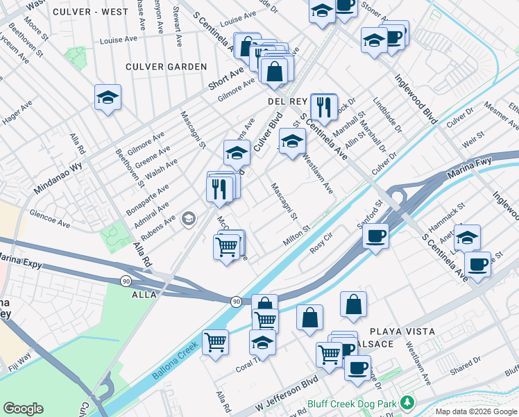 map of restaurants, bars, coffee shops, grocery stores, and more near 12563 Allin Street in Los Angeles