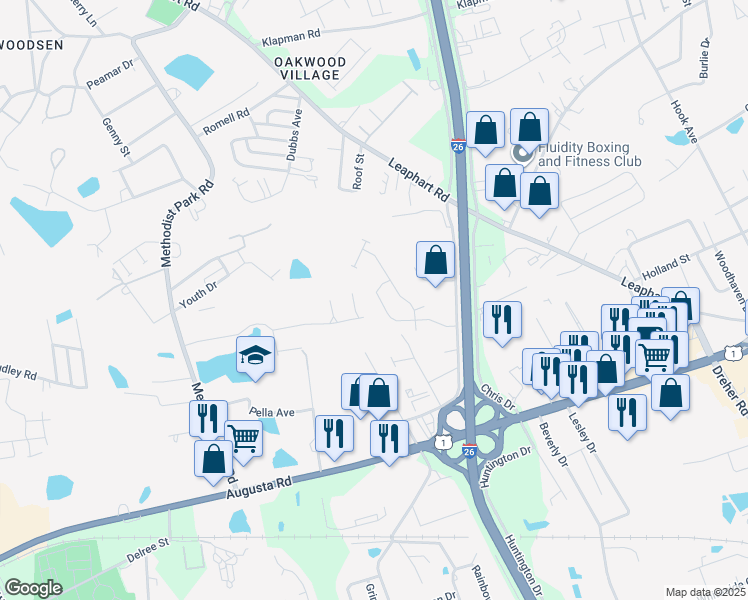 map of restaurants, bars, coffee shops, grocery stores, and more near 187 Derby Drive in West Columbia