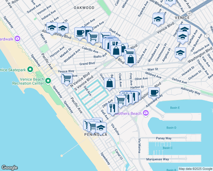 map of restaurants, bars, coffee shops, grocery stores, and more near 2403 Ocean Avenue in Los Angeles