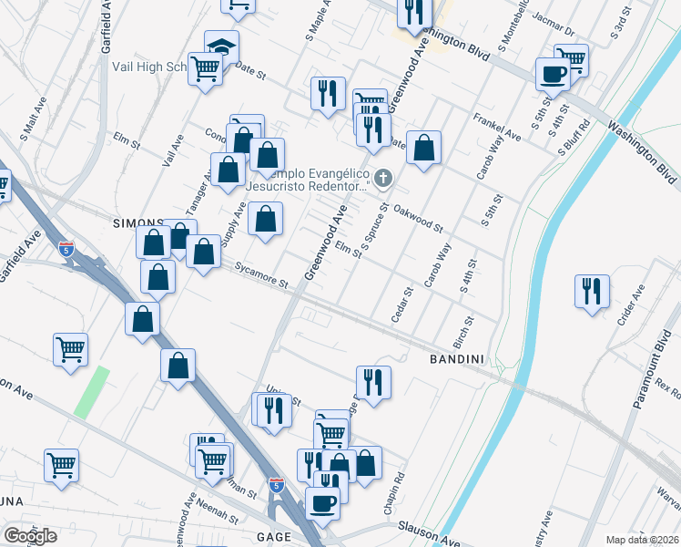 map of restaurants, bars, coffee shops, grocery stores, and more near 1423 South Spruce Street in Montebello