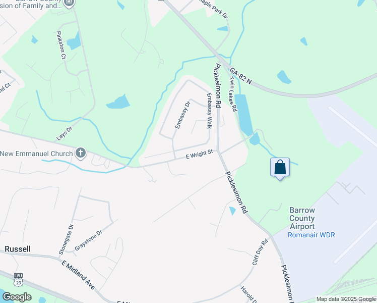 map of restaurants, bars, coffee shops, grocery stores, and more near 527 Embassy Walk in Winder