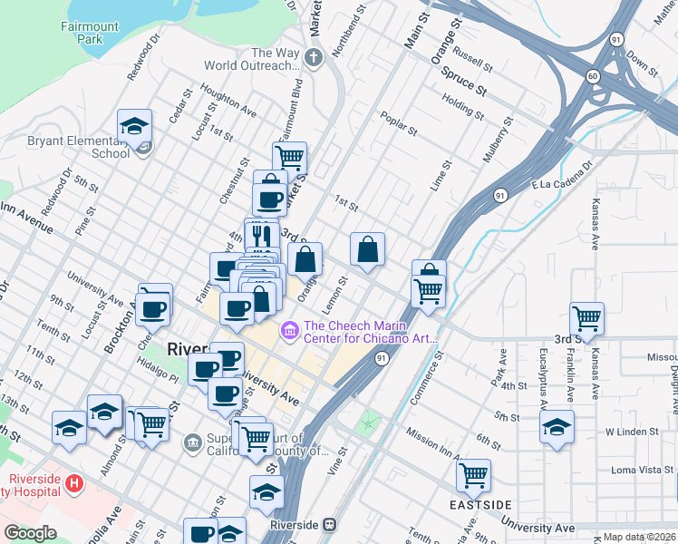 map of restaurants, bars, coffee shops, grocery stores, and more near in Riverside