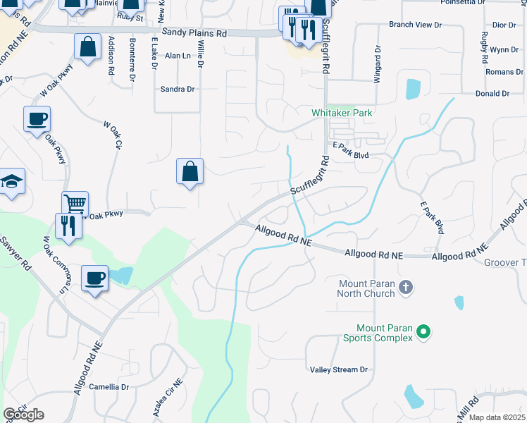map of restaurants, bars, coffee shops, grocery stores, and more near 1363 Brentwood Lane in Marietta
